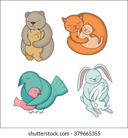 Set of hand drawn Baby and Mommy Animals isolated on white. Mother's hugs. Cute bears, cats, rabbits and birds - moms and kids.