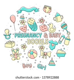 Set of hand drawn baby and newborn doodle elements banner. Cartoon sketch style.