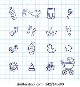 Set of hand drawn baby and newborn doodle for icon, banner. Cartoon sketch style doodle with baby girl and boy toy, food, ball, balloon, moon, star, milk bottle, birthday elements. Vector illustration