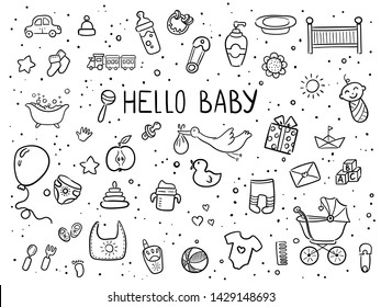 Set of hand drawn baby and newborn doodle for icon, banner. Cartoon sketch style doodle with baby girl and boy toy, food, ball, balloon, moon, star, milk bottle, birthday elements. Vector illustration