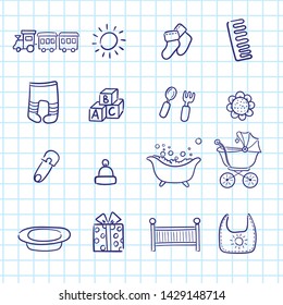 Set of hand drawn baby and newborn doodle for icon, banner. Cartoon sketch style doodle with baby girl and boy toy, food, ball, balloon, moon, star, milk bottle, birthday elements. Vector illustration