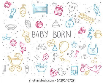 Set of hand drawn baby and newborn doodle for icon, banner. Cartoon sketch style doodle with baby girl and boy toy, food, ball, balloon, moon, star, milk bottle, birthday elements. Vector illustration