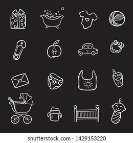 Set of hand drawn baby and newborn doodle for icon, banner. Cartoon sketch style doodle with baby girl and boy toy, food, ball, balloon, star, milk bottle, birthday elements on Blackboard  background.