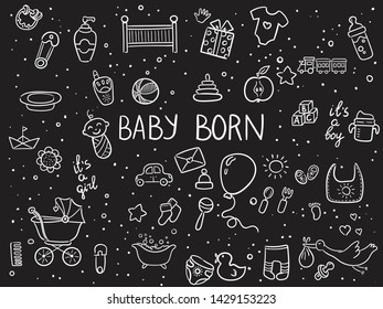 Set of hand drawn baby and newborn doodle for icon, banner. Cartoon sketch style doodle with baby girl and boy toy, food, ball, balloon, star, milk bottle, birthday elements on Blackboard  background.