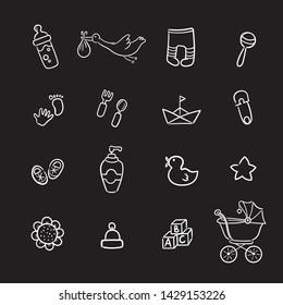 Set of hand drawn baby and newborn doodle for icon, banner. Cartoon sketch style doodle with baby girl and boy toy, food, ball, balloon, star, milk bottle, birthday elements on Blackboard  background.