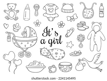 Set of hand drawn baby and newborn doodles. Vector illustration