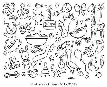 Set of hand drawn baby and newborn doodle for icon, banner. Cartoon sketch style doodle with baby girl and boy toy, food, ball, balloon, moon, star, milk bottle, birthday elements. Vector illustration
