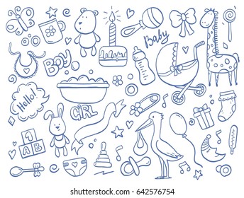 Set of hand drawn baby and newborn doodle for icon, banner. Cartoon sketch style doodle with baby girl and boy toy, food, ball, balloon, moon, star, milk bottle, birthday elements. Vector illustration