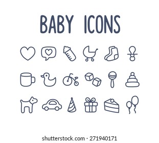 Set of hand drawn baby themed line icons: toys and other related objects.