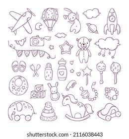 Set of hand drawn baby toys in doodle style isolated on white background