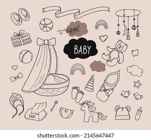 Set of hand drawn babyboy and girl. Cartoon sketch style doodle for icon, banner. Elements little baby clothes.