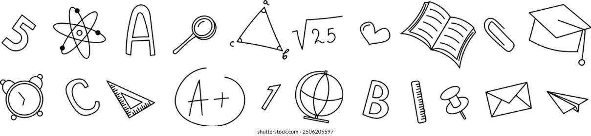 Set of hand drawn Back to School icons related to education, success, school subjects and more for your design