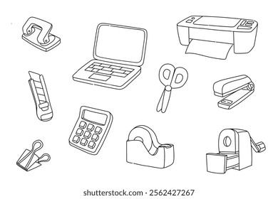 Set of hand drawn back school preparations doodle illustration. vector icons. pencil, sharpener, calculator, scissors, calculation, printer, laptop, stapler, cutter, hole punch, tape machine