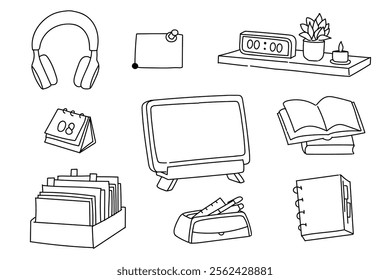 Set of hand drawn back school preparations doodle illustration. vector icons. pencil, calculation, book, paper, computer, tablets, headphone, planner, notes, bookshelf, plant, clock