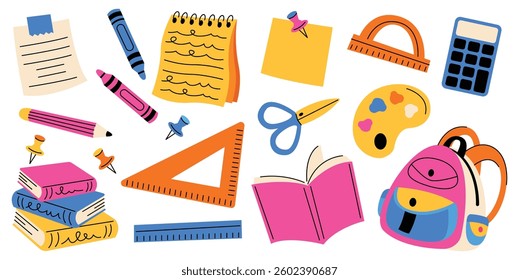 Set of hand drawn back to school element flat vector collection