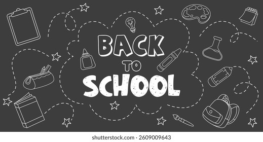 Set of hand drawn back to school element on blackboard with doodle style