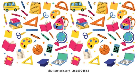 Set of hand drawn back to school element pattern background