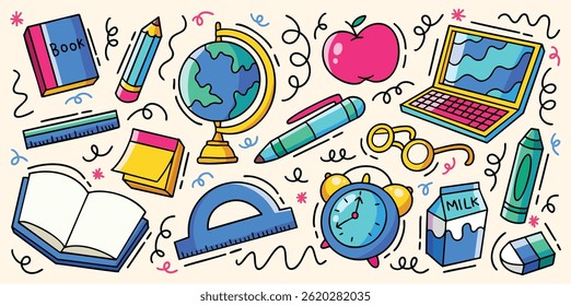Conjunto De Mão Desenhado De Volta Para A Ilustração De Rabiscar Escola