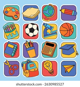 Set of hand drawn back to school element sticker pack collection