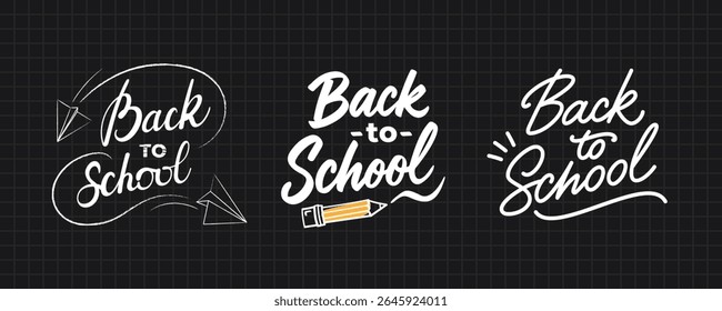 Set of hand drawn Back to School lettering logos on black checkered background. Chalkboard style designs with paper planes, pencil, decorative elements. Vector handwritten labels, icons, signs.