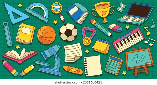 Conjunto de mão desenhada de volta para a ilustração do vetor do elemento da escola