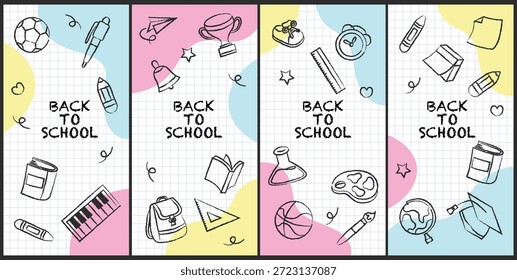 Conjunto de fondo de Plantilla de elemento de la escuela dibujado a mano