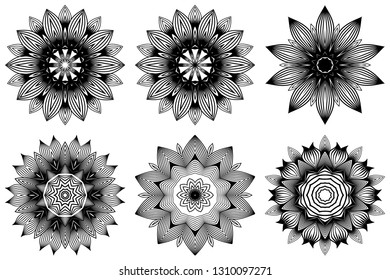 Set of Hand Drawn Background With Mandala. Vector Decorative Elements. Arabic, Indian, Ottoman Motifs. Black white color.