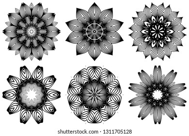 Set of Hand Drawn Background With Mandala. Vector Decorative Elements. Arabic, Indian, Ottoman Motifs. Black white color.