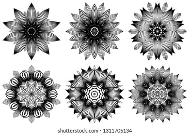 Set of Hand Drawn Background With Mandala. Vector Decorative Elements. Arabic, Indian, Ottoman Motifs. Black white color.