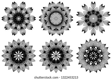 Set of Hand Drawn Background With Mandala. Vector Decorative Elements. Arabic, Indian, Ottoman Motifs. Black white color.