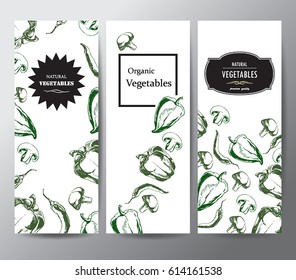  Set of hand drawn background with vegetables. Template for package design.
