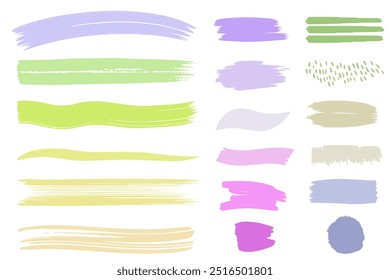 Conjunto de planos de fundo desenhados à mão e traçados de pincel em cores verdes roxas. Pincelada colorida. 