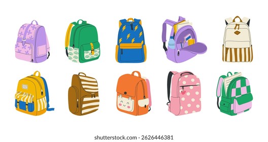 Set of hand drawn backpacks for preschoolers, school kids, and university students. Isolated clip art collection of patterned school bags for boys and girls. Back to school concept in flat style.