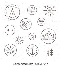 Set of hand drawn badges. Collection of outdoor, camping, tribe labels. Retro style, old texture