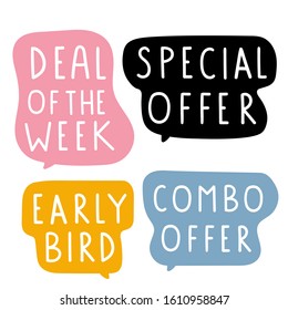 Set Of Hand Drawn Badges - Deal Of The Week, Special Offer, Combo Offer, Early Bird. Vector Lettering Illustration On White Background.