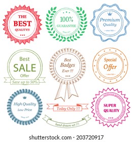 Set of hand drawn badges. Doodle style. 