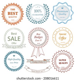 Set of hand drawn badges. Doodle style.