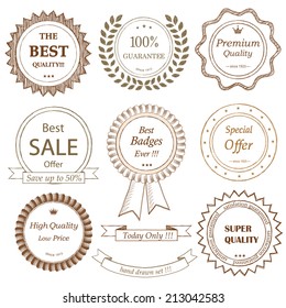 Set of hand drawn badges. Doodle style. 