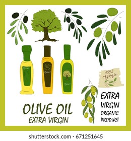 Set of hand drawn badges of olive oil. Vector illustrations for olive oil labels, packaging design, natural products, restaurant. Vector hand drawn illustration with olives and olive oil.