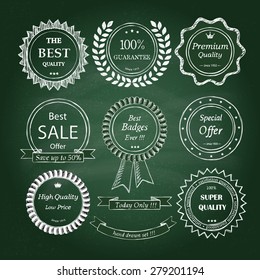 Set of hand drawn badges on a green chalkboard background. Doodle style. 