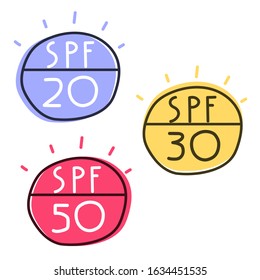Set of hand drawn badges. Sun protection concept. Spf 20, 30, 50. Vector illustrations on white background.