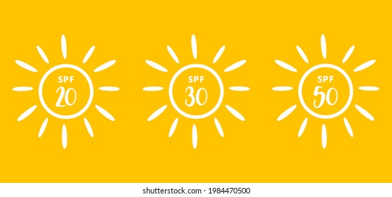 Set of hand drawn badges. Sun protection concept. Spf 20, 30, 50. Vector illustrations on white background.