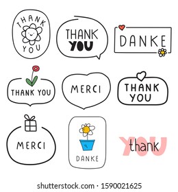 Set of hand drawn badges - thank you, merci, danke. Vector illustrations for greeting card, t shirt, sticker, poster design.