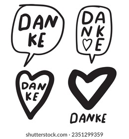 Set of hand drawn badges. Word - danke. German language. Thank you. Vector graphic design. Hand writing. 