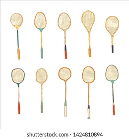 Set of hand drawn badminton retro rackets in pastel colors. Vector illustration.