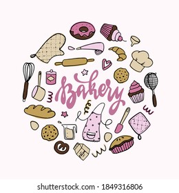 Set of hand drawn bakery doodles and quote isolated on white background. Good for prints, stickers, logos, posters, signs, icons, etc. EPS 10