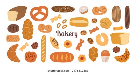 Set of hand drawn bakery pastry products. Rye, wheat and whole grain bread, french baguette, whole wheat loaf, bagel, croissant, toast, pretzel, ciabatta, donut, cookie. Vector flat illustration.