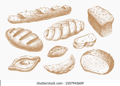 Set of hand drawn bakery products, pastries, loaves, long loaf. Yummy buns for the bakery shop. Vector illustration on light isolated background.