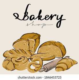 Conjunto de productos de panadería a mano, banner para la panadería, color, vector