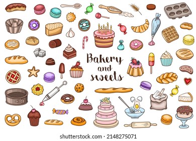 Set of hand drawn bakery and sweets doodles on a white background. Vector illustration